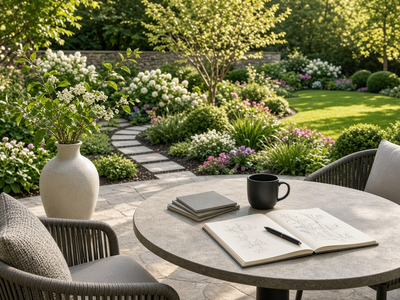 Garden landscape under bright sky