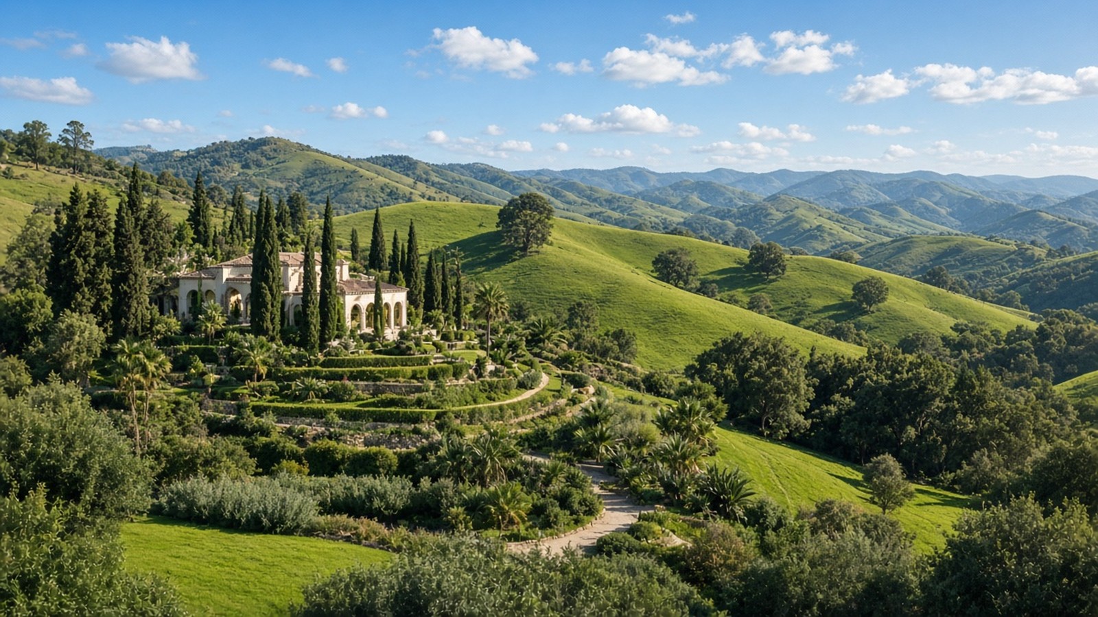 Green landscape and garden under open sky